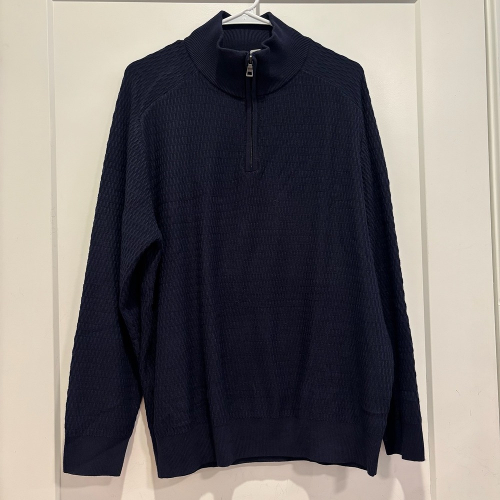 PJ Paul Jones Mens Navy Blue Wool Textured Knit Quarter Zip Pullover Sweater XL